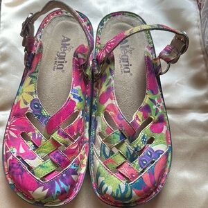 Alegria Pink and Green Sandals Floral Comfort Design missing one blue rhinestone